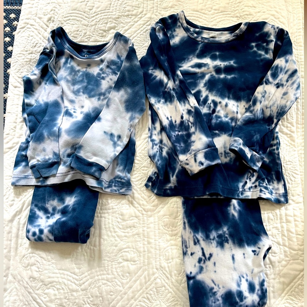 Blue and white tie-dye sibling PJs set